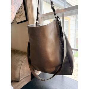 AllSaints Leather Hobo Bag Taupe Gray Large Shoulder Bag Minimalist Slouchy Tote